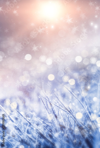 Empty snowy scene. Abstract winter background bokeh effect. Frost, snowflakes. Sunlight in the winter. Blurred background. © MiaStendal