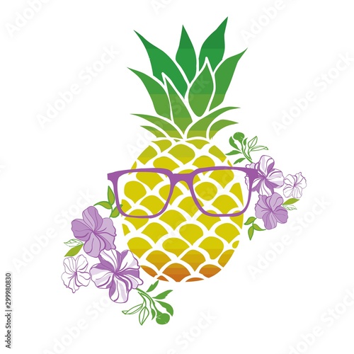 Funny vector background with pineapple in glasses, speech bubble and hand written text "Hello summer". Hand drawing summer card.