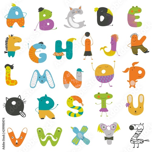 Colorful cartoon children English alphabet. Education and development of children detailed