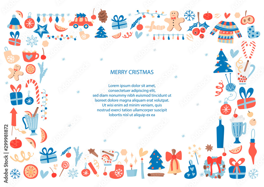 Christmas card vector template. Rectangular horizontal frame with hand drawn objects and symbols of illustration. Vintage borders for text. Party invitation, holiday poster, cute style article.