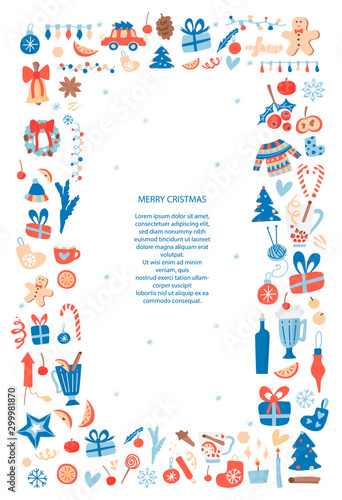 Christmas card vector template. Rectangular vertical frame with hand-drawn objects and symbols of illustration. Vintage borders for text. Party invitation, holiday poster, cute style article.