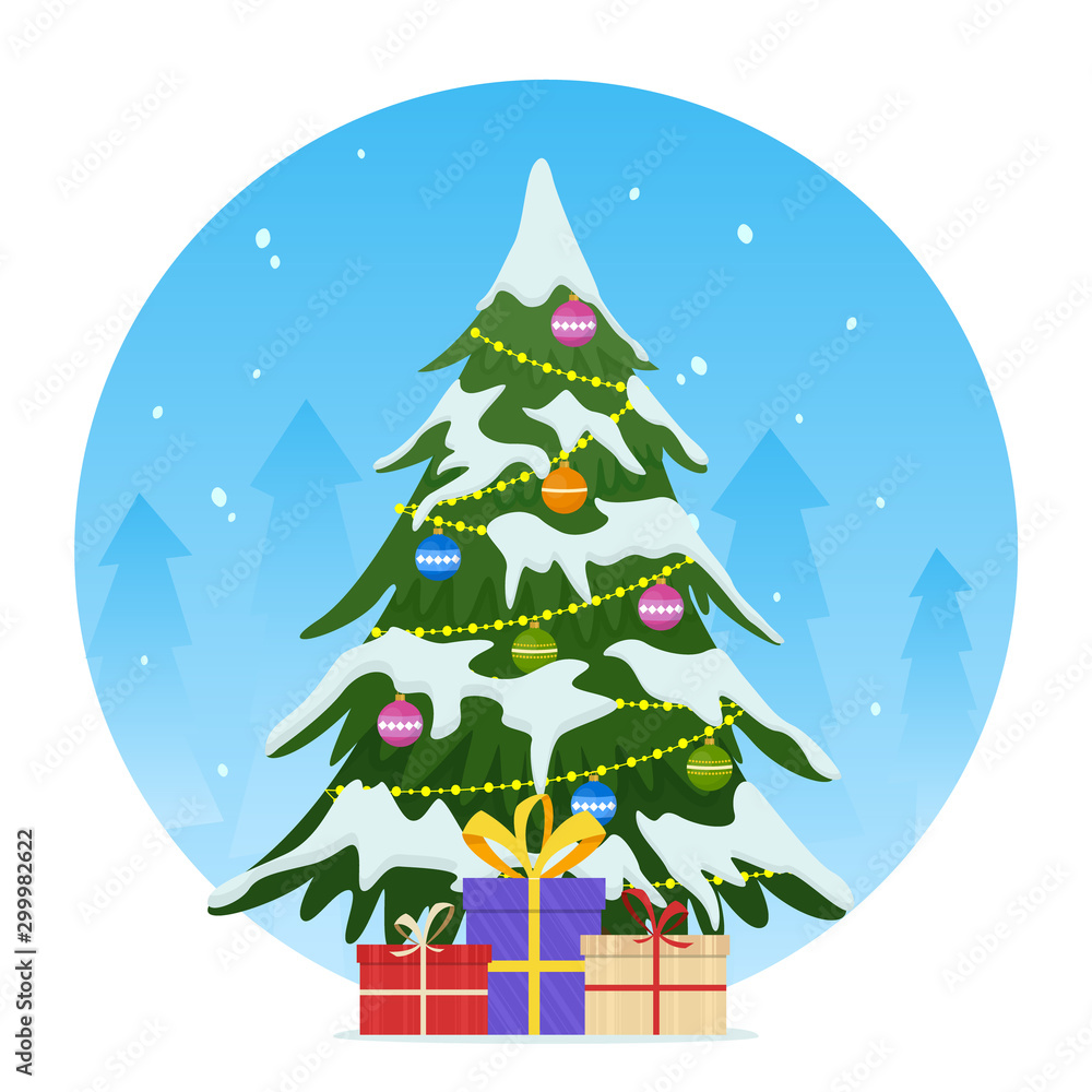 Christmas tree with gifts and decoration. Merry Christmas and a happy new year. Vector illustration.