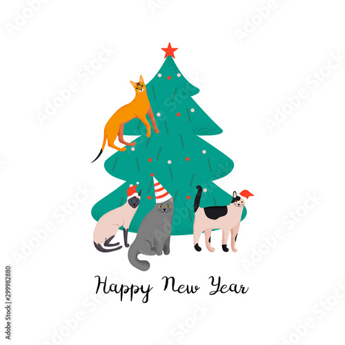 Design template card with cute domestic cats. Happy New Year holiday poster with funny animals.