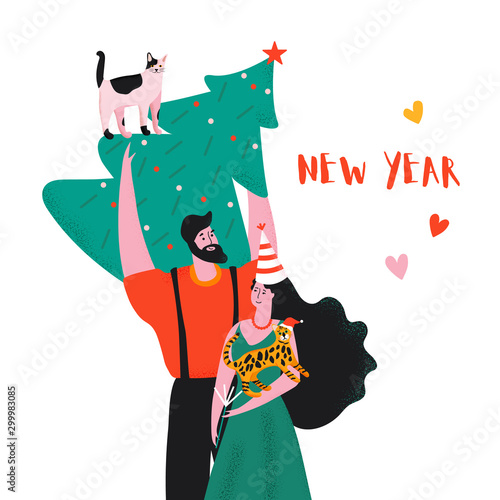 Design template card with family in New Year party. Cute characters celebrate together. Man, woman and cats.
