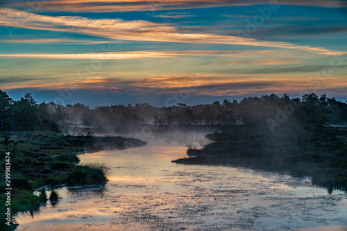 Sunrise in the bog landscape. Misty marsh, lakes nature environment background