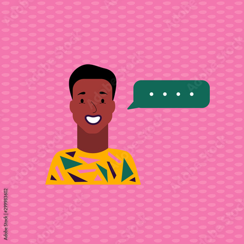 Cute avatar of smiling sun-tanned man in a fun t-shirt. Icon of simple character with bubble. Stylish boy talking.