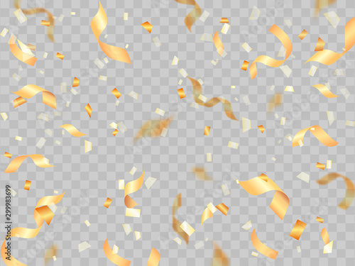 Golden confetti and serpentine background. Vector illustration banner or postcard