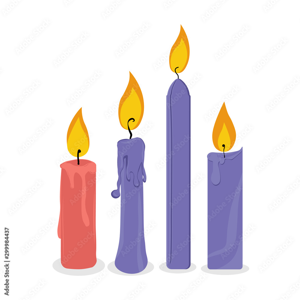 Cartoon of a candle on a white background. Set of christmas candles with flames in Cartoon style. Vector illustration. Cartoon of a candle on a white background. Set of christmas candles with flames in Cartoon style. Vector illustration.