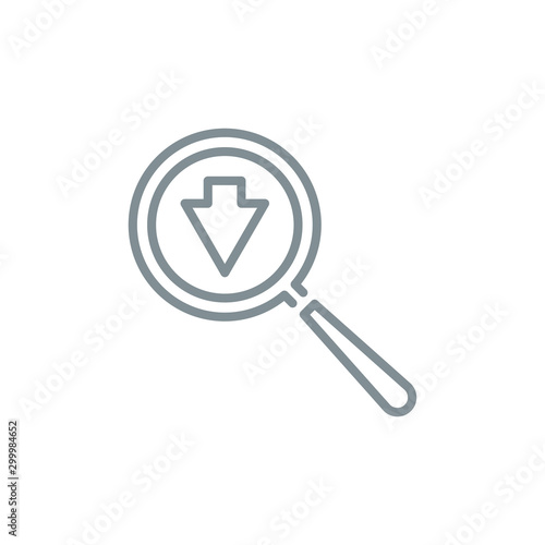 down arrow cursor with magnifier glass outline flat icon. Single quality outline logo search symbol for web design mobile app. Thin line design logo sign. Loupe lens icon isolated on white background.