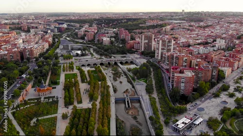 Aerial view of Madrid cityscape and the Manzanares river. Filmed from 4K drone camera. photo