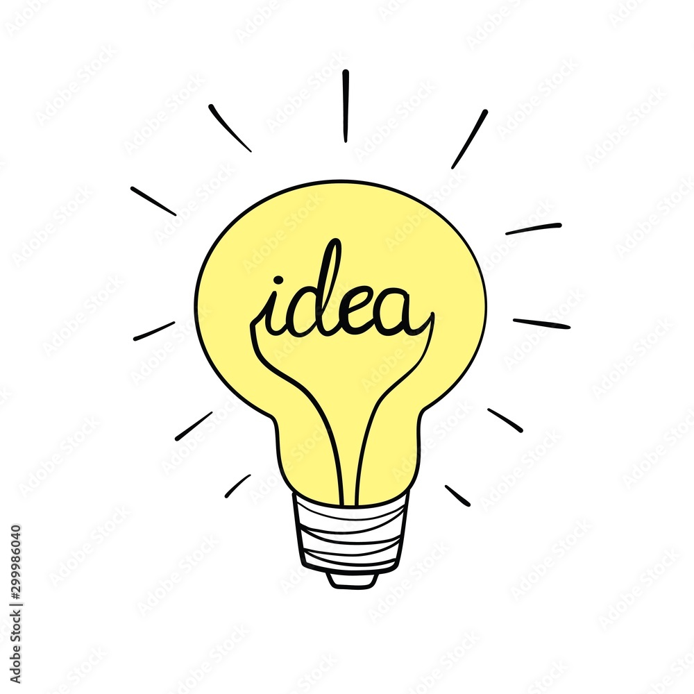 Vector light bulb icon with concept of idea. Doodle hand drawn sign. Illustration for print, web Vector light bulb icon with concept of idea. Doodle hand drawn sign. Illustration for print, web