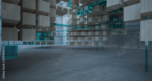 Abstract architectural wood and glass interior from an array of cubes with large windows. 3D illustration and rendering.