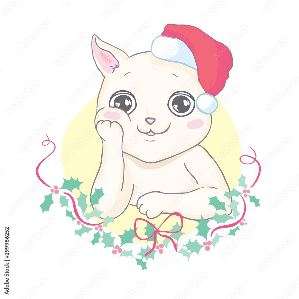 Obraz Funny cat in a Christmas hat and scarf. Vector illustration for card or poster, print on clothes. New Year's and Christmas.