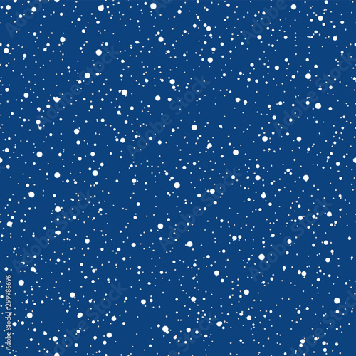 Snowflakes seamless pattern. Christmas blue background. Snowfall repeat backdrop. Winter snow flake falling flat design. Snowy simple chaotic texture. Blizzard sky template Vector illustration