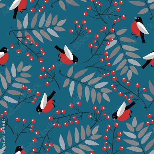 vector bullfinch birds,  berries of mountain ash tree and leaves
