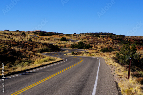A two lane road is winding through the desert terrain of the southwest USA