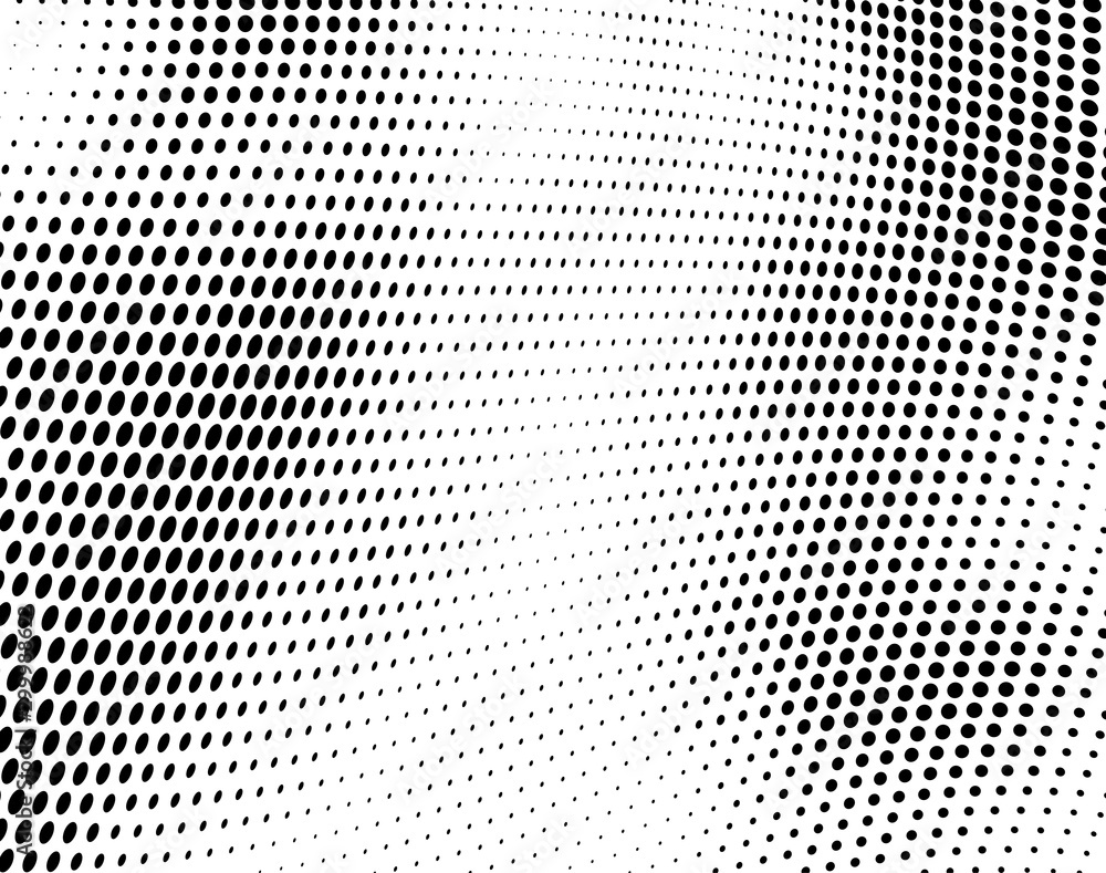 Halftone texture is black and white. Background of dots of chaotic waves. Abstract pop art template. Vector pattern for printing on posters, labels, fabric