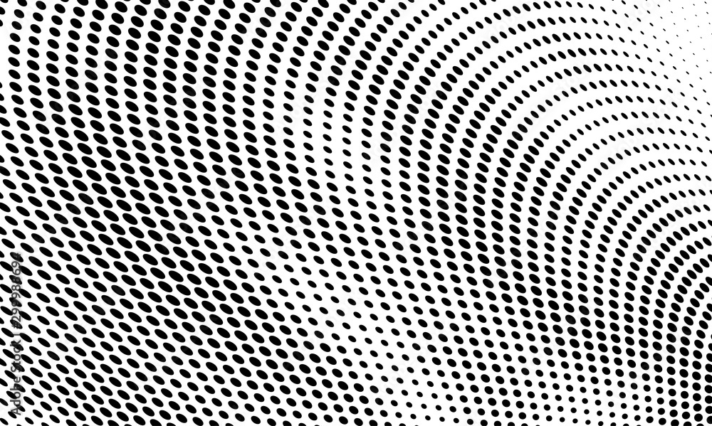 Halftone texture is black and white. Background of dots of chaotic waves. Abstract pop art template. Vector pattern for printing on posters, labels, fabric