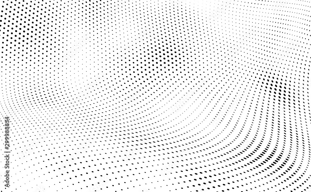 Halftone texture is black and white. Background of dots of chaotic waves. Abstract pop art template. Vector pattern for printing on posters, labels, fabric