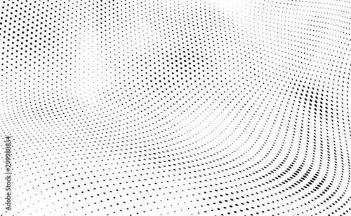 Halftone texture is black and white. Background of dots of chaotic waves. Abstract pop art template. Vector pattern for printing on posters  labels  fabric