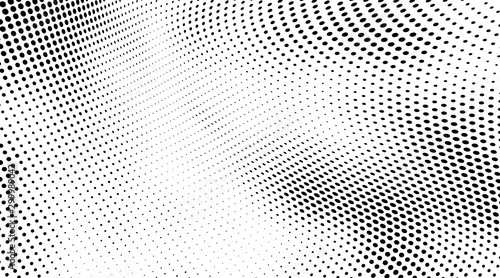 Halftone texture is black and white. Background of dots of chaotic waves. Abstract pop art template. Vector pattern for printing on posters  labels  fabric