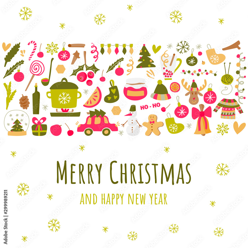 Green and red cartoon vertical Christmas and New Year design with Christmas symbols and objects. Fun and happy holiday mood. Vector square illustration for banner, background, postcard, card, cover. Green and red cartoon vertical Christmas and New Year design with Christmas symbols and objects. Fun and happy holiday mood. Vector square illustration for banner, background, postcard, card, cover.