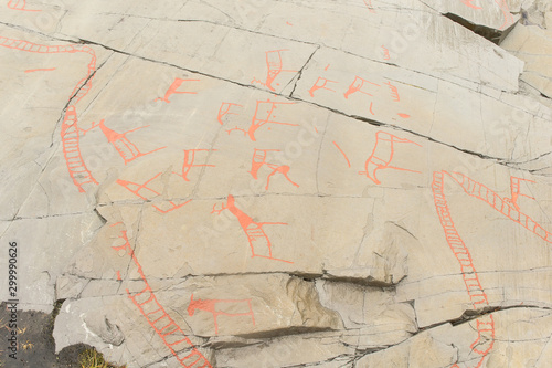 Rock art in Alta Fjord, Norway. Ancient symbols, real drawing, texture in stone. Red ocher paint. Human preys on animals deer. Group of petroglyphs, dating from c. 4200 to 500 B.C.