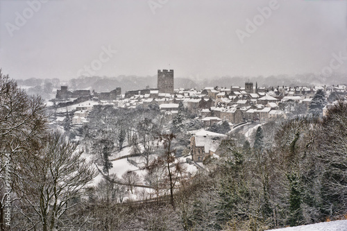Richmond North Yorkshire, including Richmond Castle on a bleak, cold snowy day