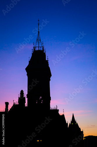 View of Canada parliament building in Ottawa during sunset. This photo is taken from MacKenzie King bridge above Rideau canal.  photo