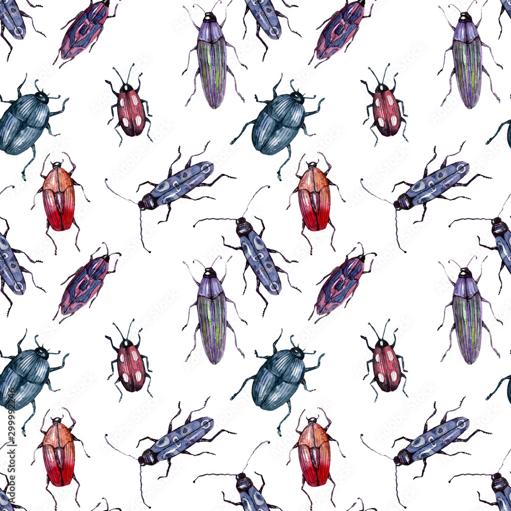 Watercolor background drawing collection of beetles