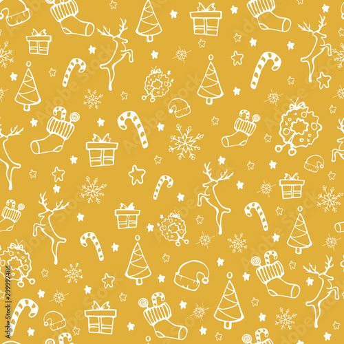 Seamless pattern for Christmas on a gold background with white elements Christmas. Beautiful pattern for a luxurious gift wrapping paper, t-shirts, greeting cards. Happy new Year.Isolated vector.