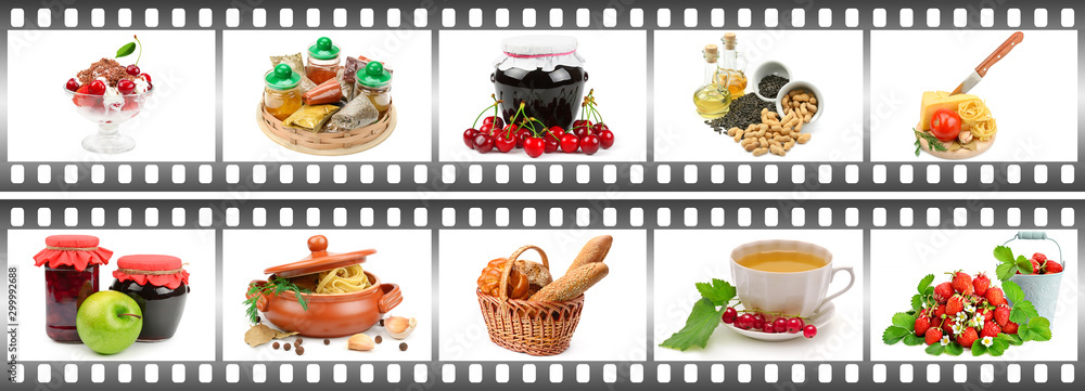 Set diverse food in photo frame isolated on white. Big size.