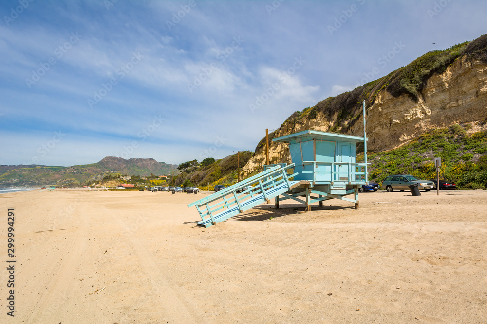 Lifeguard tower on the Zuma Beach in Malibu, California. United States