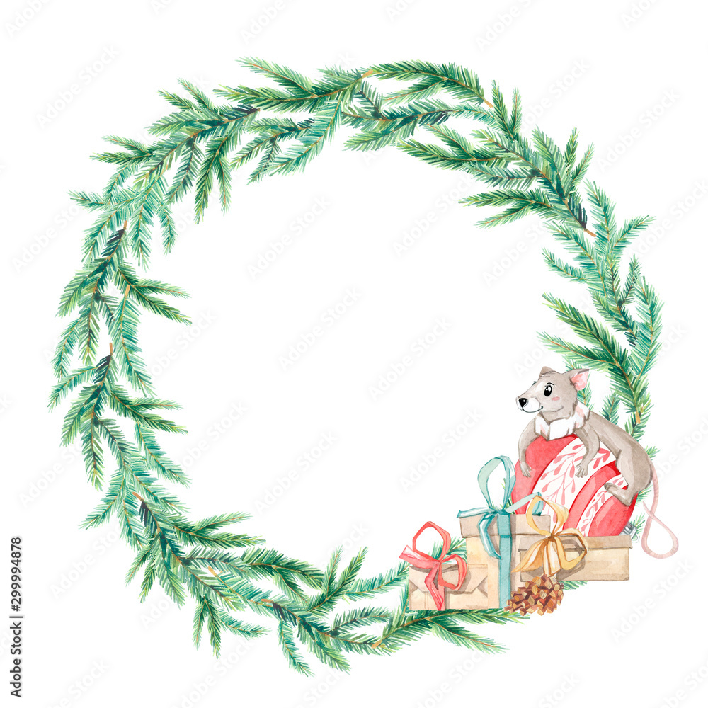 Fototapeta premium Watercolor Christmas wreath with green fir branches, fir cones and mouse. Design happy new year illustration for greeting cards, frames, invitations templates.