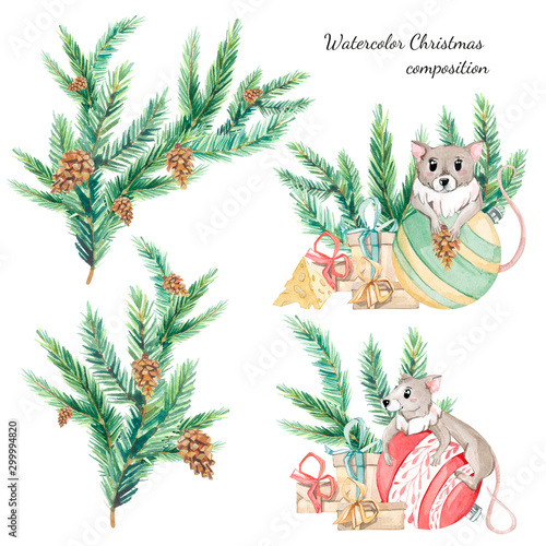 Watercolor Christmas green fiir branches composition and cute mouse. Design happy New Year illustration for greeting cards  banners  frames  invitations templates and traditional calendars.