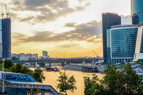 Yellow majestic view on on Moscow city and Moscow river and summer day 