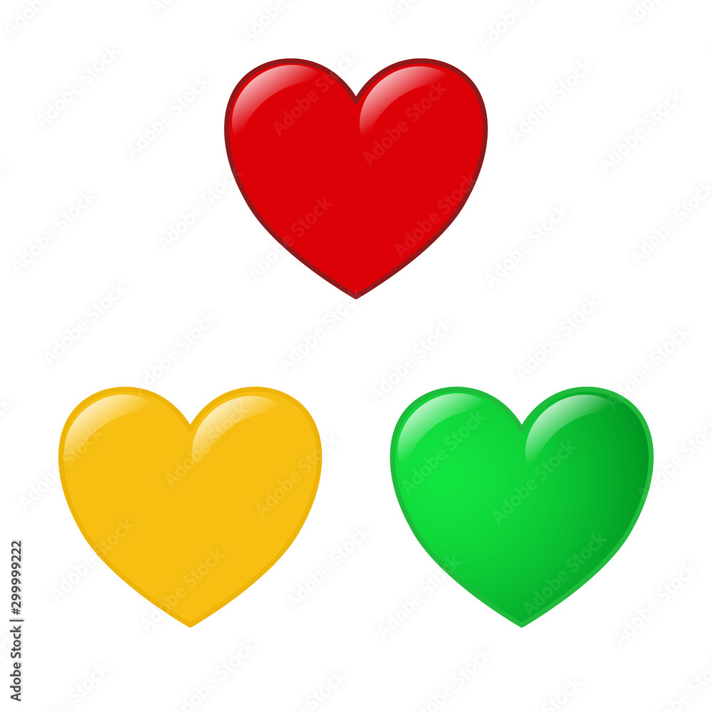 set of glossy hearts in red, golden and green 