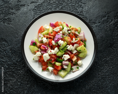 Turkish Shepards Salad with cucumber, tomato, red onion, pepper, parsley and Feta cheese