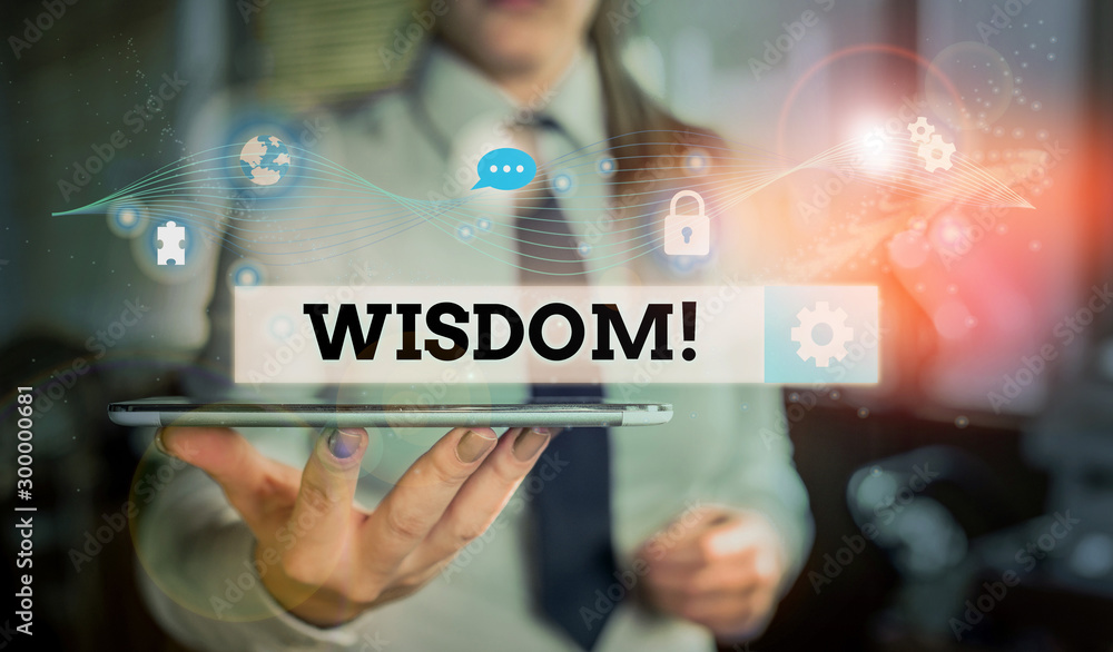 Conceptual hand writing showing Wisdom. Concept meaning quality having experience knowledge and good judgement something Picture photo network scheme with modern smart device