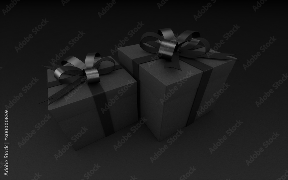 Gift boxes wrapped in black paper with black ribbon. On black background. 3d render illustration Gift boxes wrapped in black paper with black ribbon. On black background. 3d render illustration