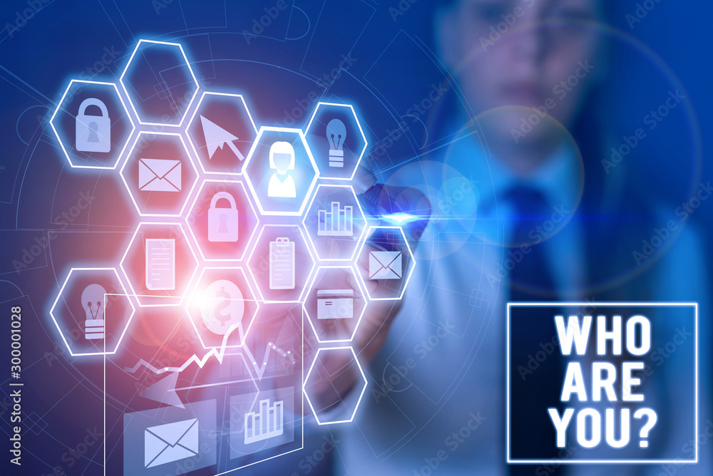 Text sign showing Who Are You Question. Business photo text asking about someone identity or demonstratingal information Woman wear formal work suit present presentation using smart latest device Text sign showing Who Are You Question. Business photo text asking about someone identity or demonstratingal information Woman wear formal work suit present presentation using smart latest device