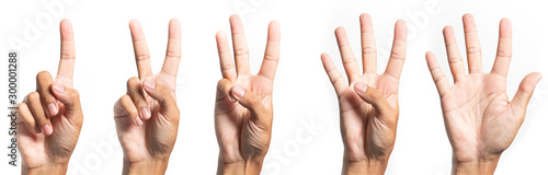  five fingers count signs isolated on white background with Clipping path included. Communication gestures concept 