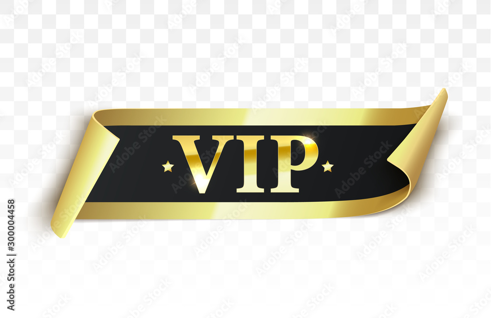 Vip label, badge or tag. Vector black banner with gold vip text. Vector illustration - obrazy, fototapety, plakaty 