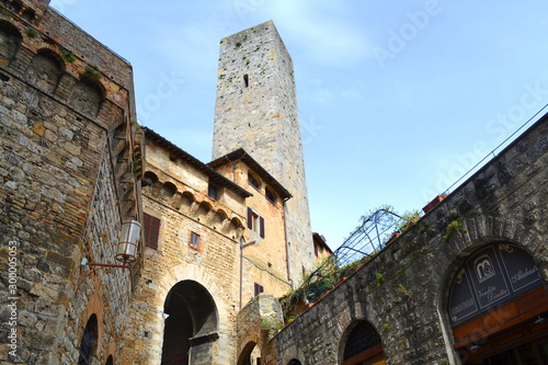View of San Gimigiano in Italy Tuscany Region With Old Stone Tower Overlooking Vintage Renaissance Style Buildings