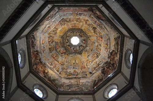 View Looking up at a Renaissance Cathedral Dome with Oculus of Light Shining Down From Above and Beautifully Painted Frescoed Ceiling