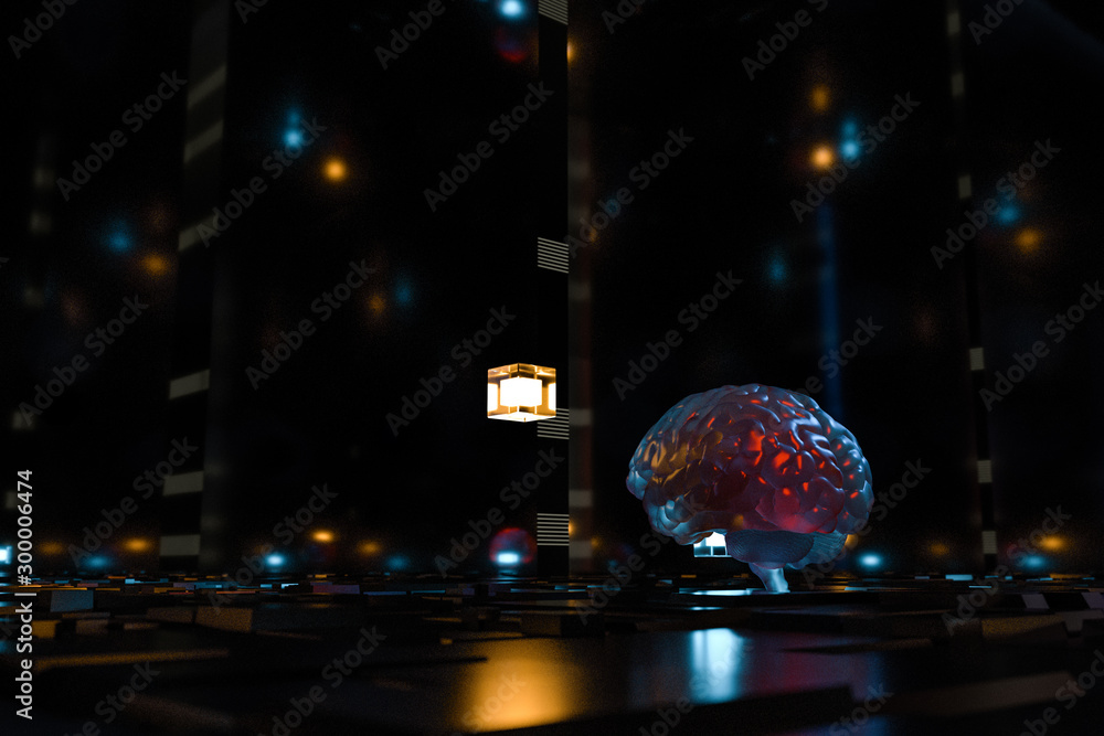 Brain and dark cubic space background, 3d rendering.