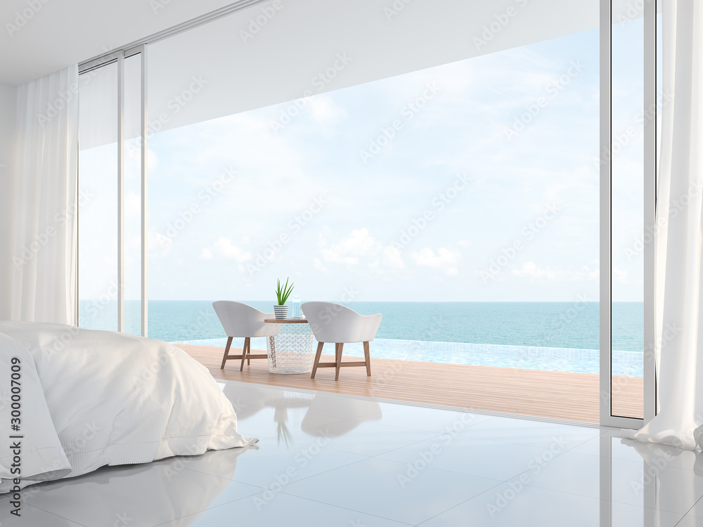 Modern luxury white bedroom 3d render.There is a minimalistic building with white beds and chairs. There is a large open sliding door overlooking the infinity pool and sea view. - obrazy, fototapety, plakaty 