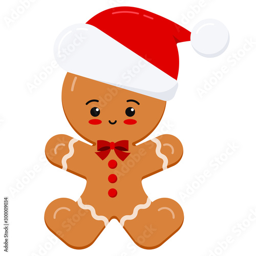 Flat kawaii design of christmas character glazed gingerbread man in red santa claus hat isolated on white background.