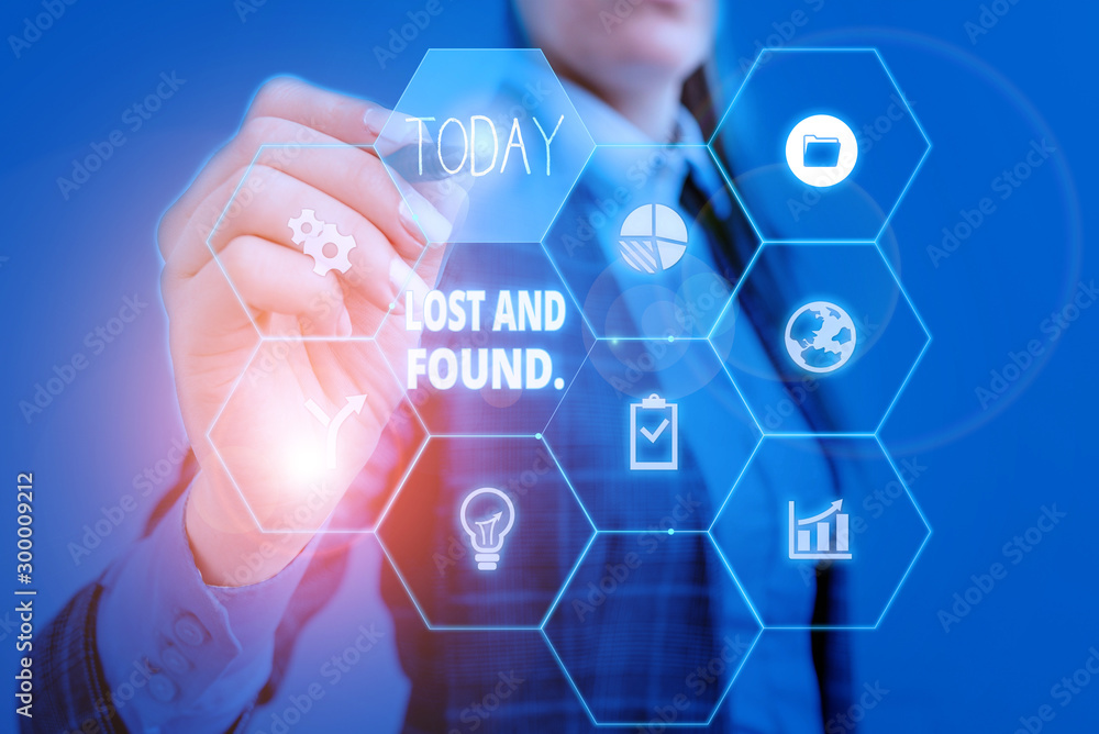 Text sign showing Lost And Found. Business photo showcasing a place where lost items are stored until they reclaimed Woman wear formal work suit present presentation using smart latest device Text sign showing Lost And Found. Business photo showcasing a place where lost items are stored until they reclaimed Woman wear formal work suit present presentation using smart latest device