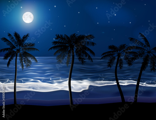 Night realistic sea, sky with stars and full moon, shining moon road on the water surface. Sand beach with sea foam on it and palms. Vector romantic illustration.